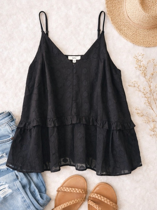 entro Tops - Entro Black Textured Babydoll Tank Top Ruffle Hem Boho Size Medium